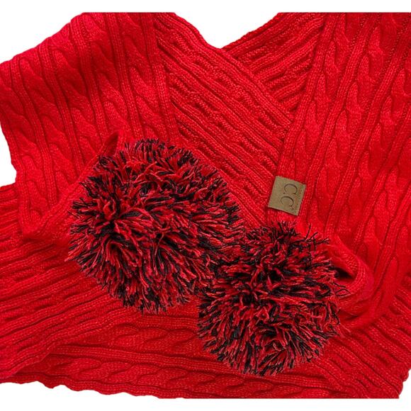 C.C. Exclusives Cozy Cable Knit Pom Pom Scarf Red Black - Picture 8 of 12